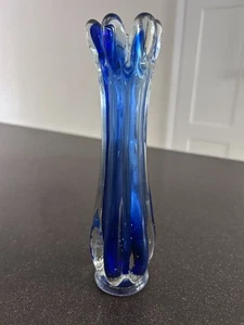 Vtg. 5 Finger Blue Swung Vase Art Glass Bud Vase Stretch Glass 10" Made Japan(c2 - Picture 1 of 7