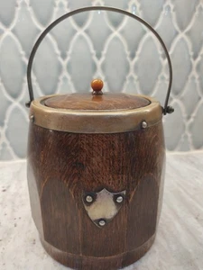 Biscuit Barrel Tobacco Jar w/Lid English Antq Porcelain Lined Oak Wood EPNSilver - Picture 1 of 24