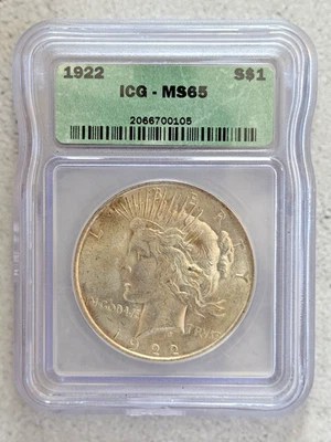 Dólar de plata Morgan 1922-P $1 ICG MS65 #10G16 Foto 1 de 2