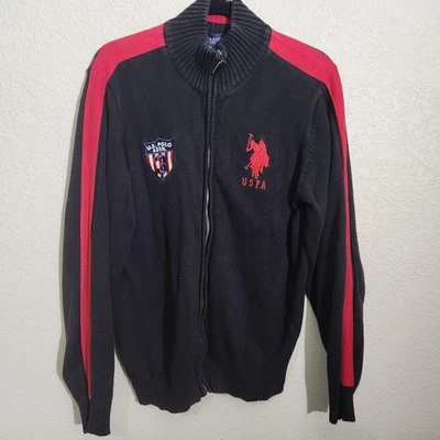U.S. Polo Assn Sweater Mens Medium Black Red Full Zip Knit Embroidered Logo - Image 1 of 4