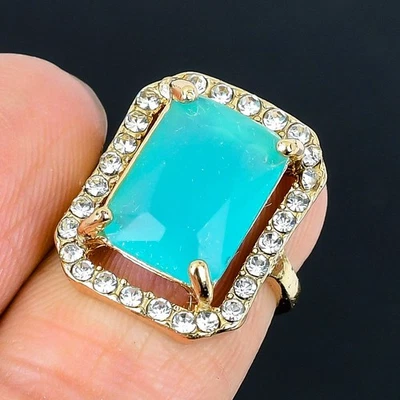 Anillo Hecho a Mano Oro Calcedonia Azul Chapado en Plata 925 Talla EE. UU. Ajustable Foto 1 de 3