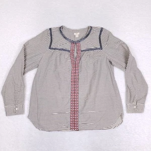 J Crew Stripe Embroidered Top Medium Cotton Long Sleeve Classic Boho Artisan - Picture 1 of 11
