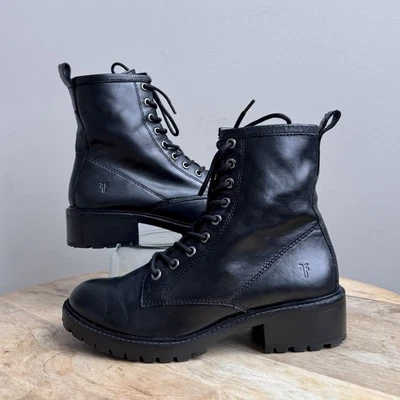 Botas femininas Frye Foster tamanho 7 B moto preta com zíper com cadarço gótico zíper engenheiro combate - Imagem 1 de 4