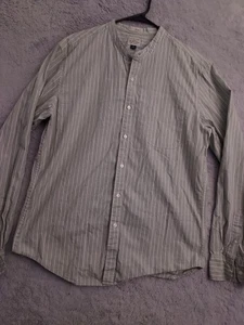 J Crew Shirt Mens Large Band Collar Poet Green Striped Stretch Casual Slim Fit L - Picture 1 of 9
