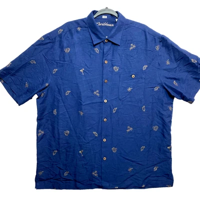 Caribbean Shirt Mens XL Blue Short Sleeve Herringbone Button Up Pockets - Image 1 of 4