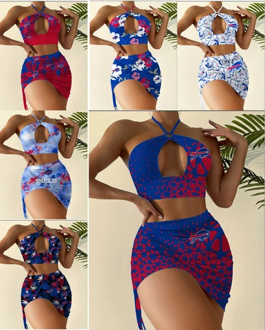Buffalo Bills 2pcs Halter Neck Bikini Set Slim Cutout Swimsuit Sexy Bodycon Cover