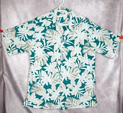 Винтажная мужская футболка Go босиком средний бирюзовый белый тропический цветочный хлопок Гавайи - Изображение 1 из 4
