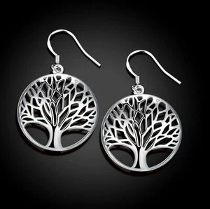 Silver Plated Tree Of Life Dangle Drop Hook Earrings US Seller - Picture 1 of 4