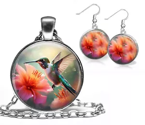 Hummingbird & Flowers Pendant Necklace & Earrings Set Bird Flower Lover Gift Set - Picture 1 of 7