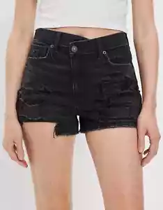 Pantalones Cortos American Eagle Mom Talla 8 Denim Negro Envejecido Jean Tiro Alto Elastizados - Imagen 1 de 7
