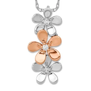 14K Solid Two Tone Gold Diamond 3 Flower Floating Chain Slide Necklace - Picture 1 of 12