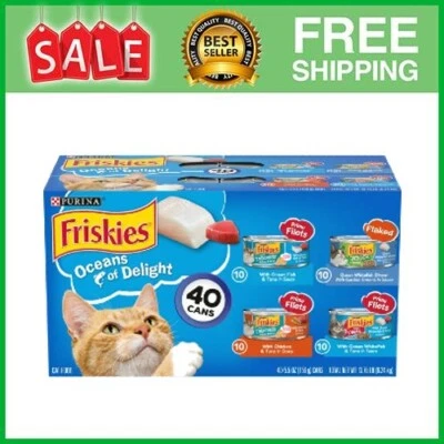 40 CANS Purina Friskies Ocean Of Delight Wet Cat Food Variety Pack, 5.5 oz Cans