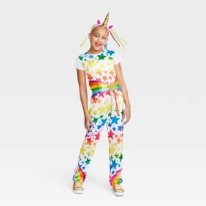 Kids Rainbow Stars Unicorn Halloween Costume Jumpsuit Headband 10-12 Large #1097 - Picture 1 of 7