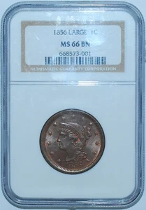 1856 NGC MS66BN Brown Slanted 5 Braided Hair Large Cent - Picture 1 of 2