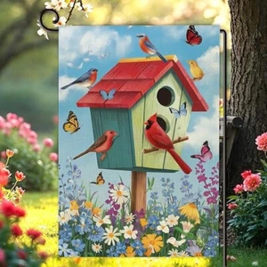 Spring/Summer Bird/Birdhouse Garden Flag with Flowers - 12 x 18, Double Sided - Picture 1 of 4