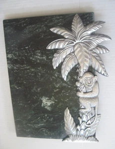 Cutting Board Green Marble with Metal Monkey Climbing Palm Tree 13x10" NEW - Picture 1 of 20