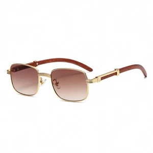 Gafas de sol vintage para hombre con marco dorado marrón tinte grano de madera verano hip hop - Imagen 1 de 4