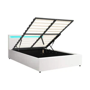 Oikiture Bed Frame RGB LED Double Size Gas Lift Storage Base White - Picture 1 of 7