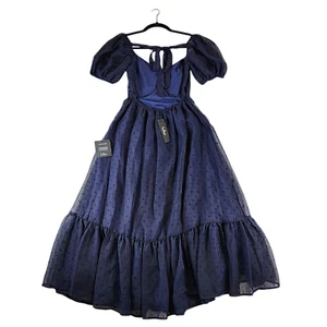 Lulu's NEU marineblau Schweizer Punkte Puffärmel Tie Open Back Midikleid Hochzeitskleid XS - Bild 1 von 14