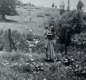 Woman Holding Boy Looking At Ducks In Field B&W Photograph 3.5 x 3.5 - Picture 1 of 3