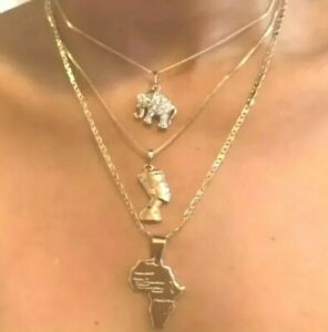 Queen Nefertiti, Elephant, African Map Pendants Necklace Gold Plated Layered B19