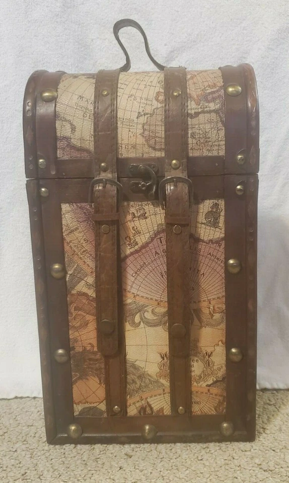 Decorative Wooden Display Box w/Brass Tacks, Leather, Nautical Theme - Image 1 of 4