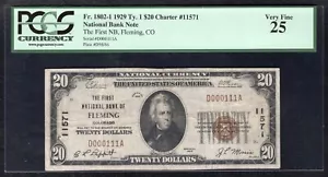 1929 $20 FIRST NATIONAL BANK FLEMING, CO NATIONAL CURRENCY CH. #11571 PCGS VF-25 - Picture 1 of 2