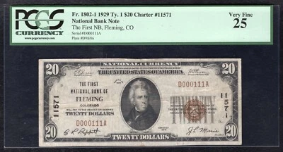 1929 $20 FIRST NATIONAL BANK FLEMING, CO NATIONAL CURRENCY CH. #11571 PCGS VF-25 - Image 1 of 2