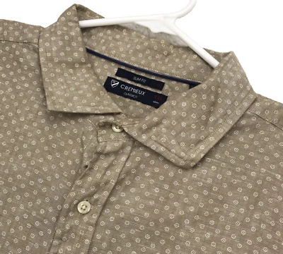 Cremieux Button Shirt Mens XX Slim Tan Geometric LINEN Pocket Short Sleeve Camp - Image 1 of 4