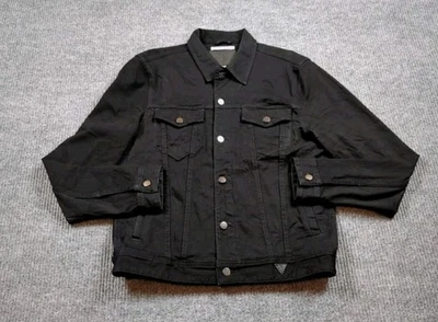 Guess Jacket Mens Large Black Denim Dillon Cotton Stretch Full Button Biker  - Image 1 of 4