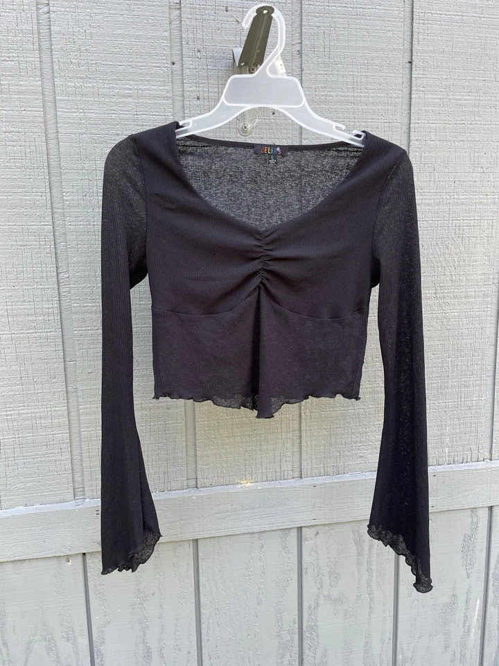 Top corto Y2K Fairy Goth manga campana malla elástica talla L negro delicatessen muñecas matar Foto 1 de 4