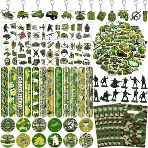 122 PCS Army Party Favors, Military Camo Temporary Tattoos Slap Bracelets Keycha - Picture 1 of 12