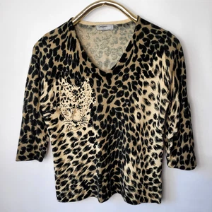 Designers Originals Womens Thin Knit Sweater Black Brown Leopard Beaded Size L - Picture 1 of 10