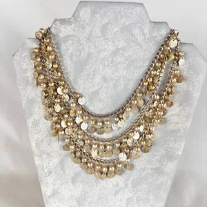 Japan Necklace 3 Strand Faux Pearl Bead Gold Tone Curb Link Chain and Coins Vtg - Picture 1 of 7
