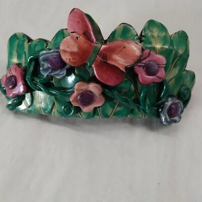 Vintage jewelry Big Artist's Barrette Multi colored Flowers Butterfly  - Image 1 of 3