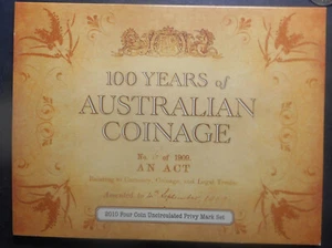 AUSTRALIA 2010 100 anni di monete australiane quattro monete UNC set francobollo privato - Foto 1 di 3