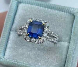 Anillo de compromiso de diamantes con zafiro azul real natural princesa de 3 quilates de oro blanco de 14 quilates - Imagen 1 de 11