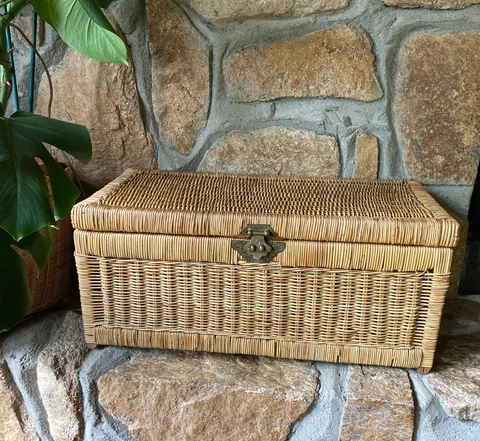 Vintage Mid Century Chinoiserie Rattan Trunk Chest Cover