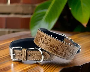 Western Leather Dog Collar Custom Heavy Duty Hand Tooled Adjustable Pad Big Dogs - Picture 1 of 15
