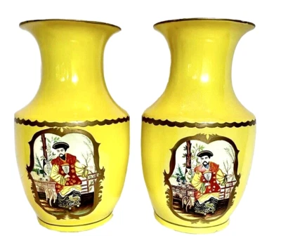 Maitland Smith 14" Vintage Hand Painted Asian Portrait Vase Mantle Urns ~ A Pair - Image 1 of 4