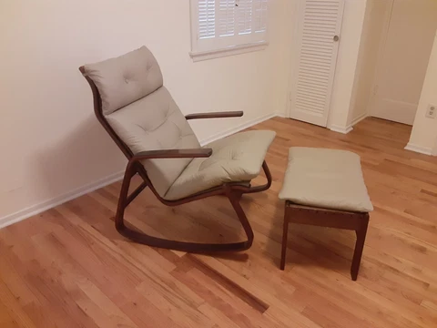 Mid-Century Westnofa Rosewood Rocking Chair and Ottoman Cover