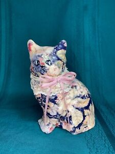 "Figurine chaton découpage chaton floral multicolore crème collier dentelle arc rose 5,5"