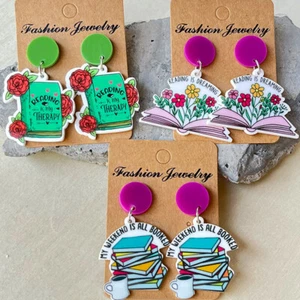 Rainbow Acrylic Stacked Book Floral Student Teacher Earrings Back to School Gift - Picture 1 of 9