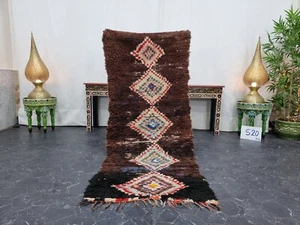 Moroccan Handmade Vintage Rug 2'6"x6' Berber Geometric Brown Cotton Tribal Rug - Picture 1 of 12