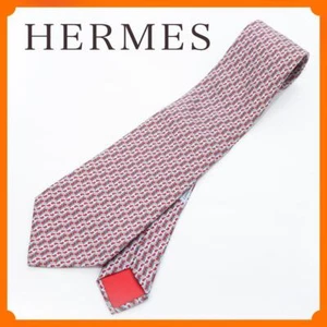 HERMES H Pattern Necktie 100% Silk Blue White Red Made in France - Picture 1 of 8