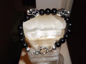 MEN'S HANDMADE BLACK AGATE ONYX AND SKULL HEAD 9" 10MM BEADED BRACELET  - Picture 1 of 7