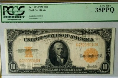 SERIES 1922 $10 GOLD CERTIFICATE PCGS35 PPQ VERY FINE SPEELMAN/WHITE        8948 - Image 1 of 4