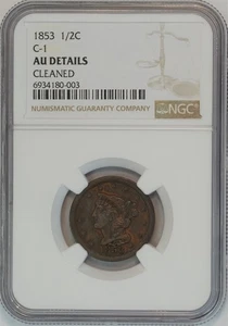 1853 Classic Head Half Cent C-1 Braided Hair AU DETAILS NGC 1/2C US COIN - Picture 1 of 5