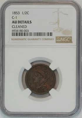 1853 Classic Head Half Cent C-1 Braided Hair AU DETAILS NGC 1/2C US COIN - Image 1 of 4