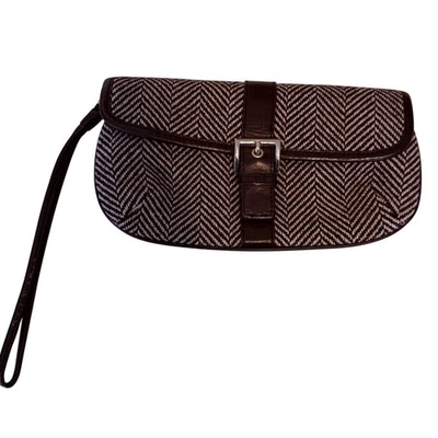 Banana Republic Clutch Black Herringbone Wool Blend Leather Trim Wristlet Bag - Image 1 of 4